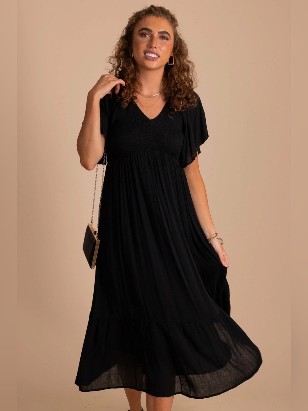In Loom Black V-Neck Flutter Sleeve Midi Dress